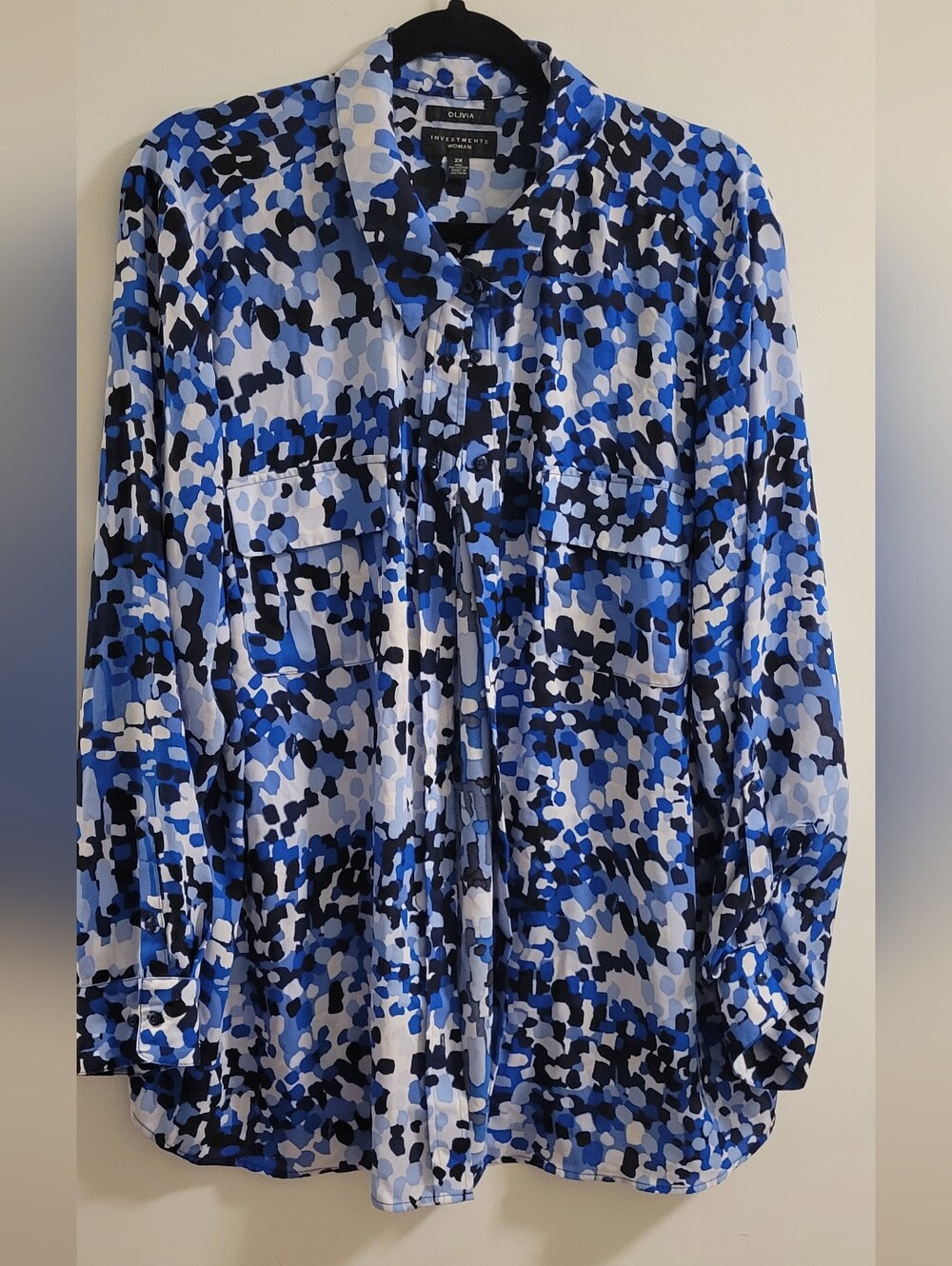 Olivia Womens Blue Abstract Print Button Up LS Shirt Size 2x‎